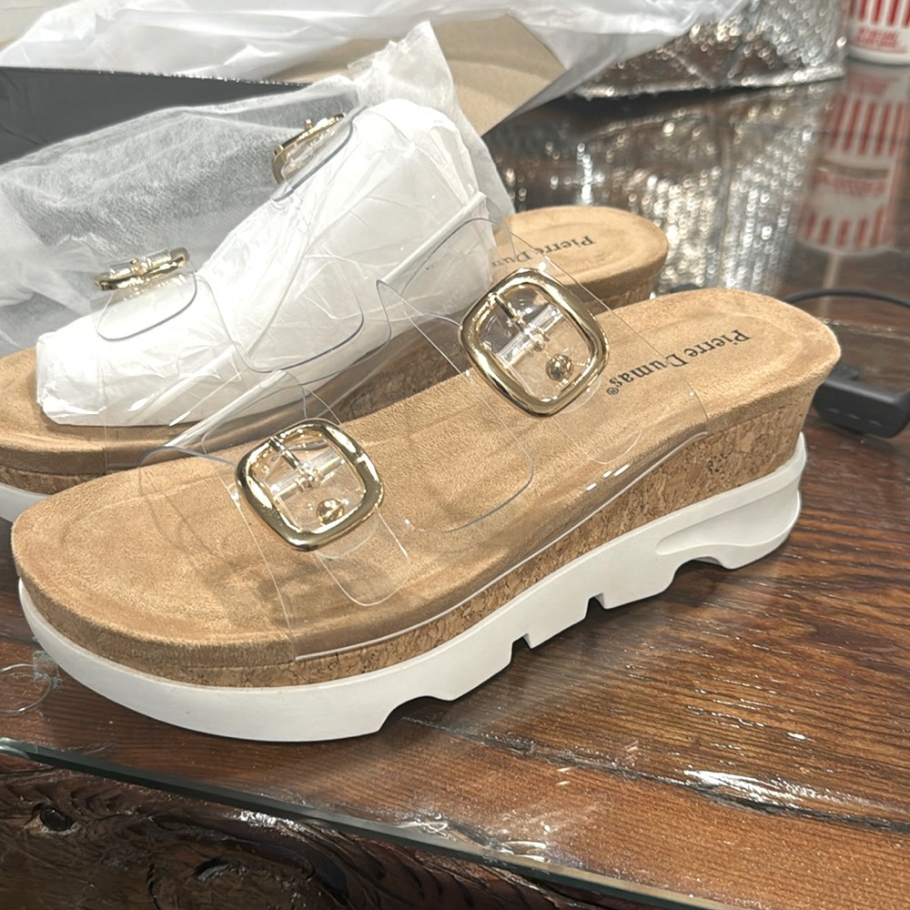 Pierre Dumas Sandals clear tan & Gold New in box never worn.